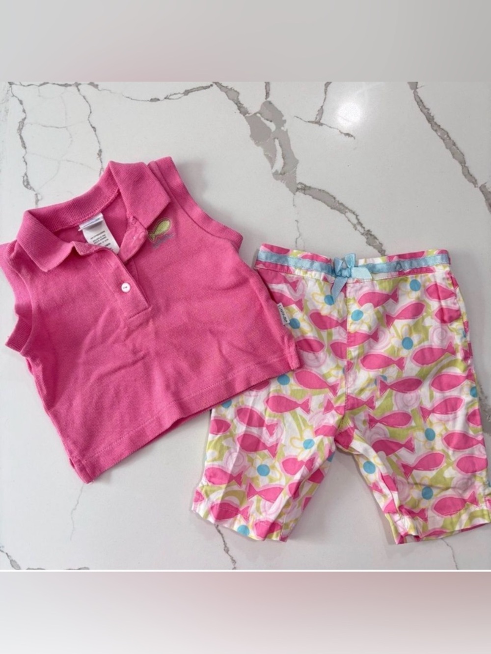 Little Me | Infant Girls Sleeveless Polo Shirt Fish Print Pants Summer Outfit 9M